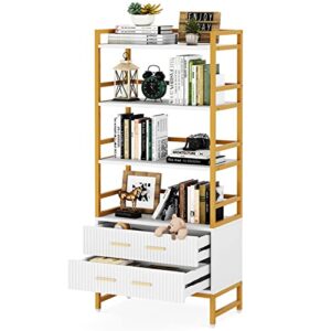 Tribesigns Bookshelf with Drawers, 65” Tall Ladder Shelf Bookcase with Storage, Modern White and Gold Bookcases and Book Shelves 4 Shelf Organizer, Metal Wood Book Shelving Unit for Bedroom, Office