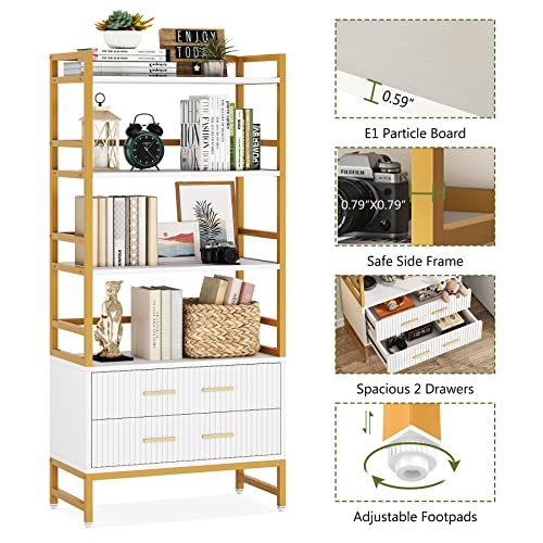 Tribesigns Bookshelf with Drawers, 65” Tall Ladder Shelf Bookcase with Storage, Modern White and Gold Bookcases and Book Shelves 4 Shelf Organizer, Metal Wood Book Shelving Unit for Bedroom, Office