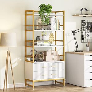 Tribesigns Bookshelf with Drawers, 65” Tall Ladder Shelf Bookcase with Storage, Modern White and Gold Bookcases and Book Shelves 4 Shelf Organizer, Metal Wood Book Shelving Unit for Bedroom, Office