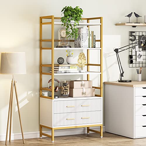 Tribesigns Bookshelf with Drawers, 65” Tall Ladder Shelf Bookcase with Storage, Modern White and Gold Bookcases and Book Shelves 4 Shelf Organizer, Metal Wood Book Shelving Unit for Bedroom, Office