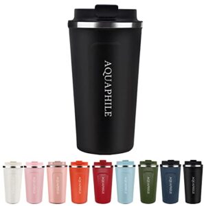 aquaphile reusable coffee cup, coffee travel mug with leak-proof lid, thermal mug double walled insulated cup, stainless steel portable coffee tumbler, for hot and cold drinks(black, 17 oz)