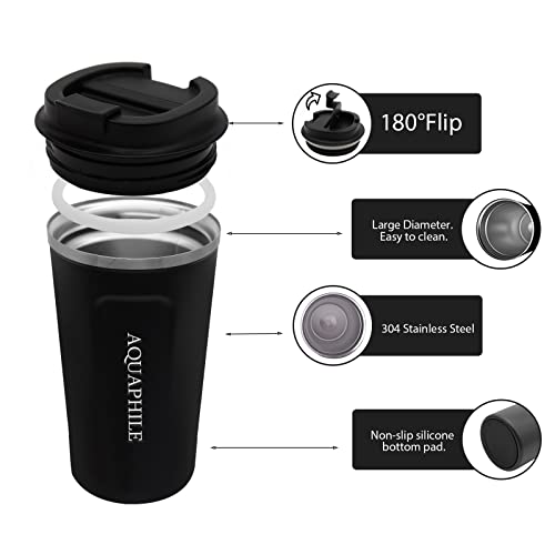 AQUAPHILE Reusable Coffee Cup, Coffee Travel Mug with Leak-proof Lid, Thermal Mug Double Walled Insulated Cup, Stainless Steel Portable Coffee Tumbler, for Hot and Cold Drinks(Black, 17 oz)