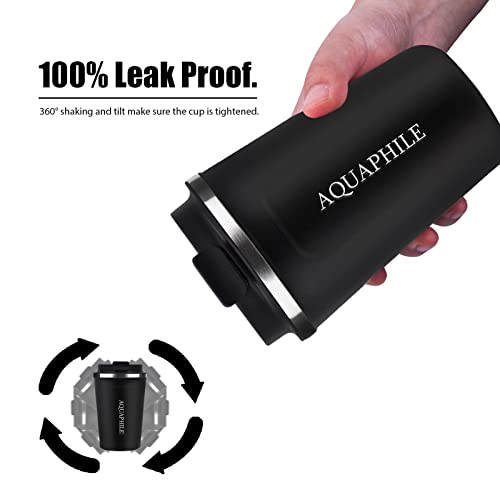 AQUAPHILE Reusable Coffee Cup, Coffee Travel Mug with Leak-proof Lid, Thermal Mug Double Walled Insulated Cup, Stainless Steel Portable Coffee Tumbler, for Hot and Cold Drinks(Black, 17 oz)