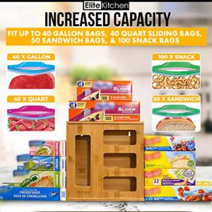 Elite Kitchen Premium High Quality 100% Real Bamboo Sandwich Bag Storage Organizer, Compatible With Gallon , Quart , Snack , & Sandwich Food Storage Bags, Holds Over 230 Plastic Baggies (EK0002)