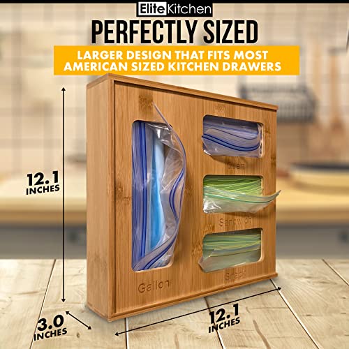 Elite Kitchen Premium High Quality 100% Real Bamboo Sandwich Bag Storage Organizer, Compatible With Gallon , Quart , Snack , & Sandwich Food Storage Bags, Holds Over 230 Plastic Baggies (EK0002)