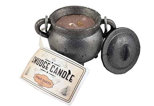 Reusable 4" Cast Iron Cauldron Candle with Lid and Hanging Handle for Spell Casting, Smudging, Ritual & Blessings Pot Belly Witchcraft Candle Aromatherapy Scented (Palo Santo)