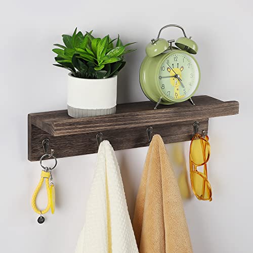 Coat Rack Shelves with Hooks Wall Mounted Coat Hooks with Display Shelf Rustic Hat Towel Key Hanger Floating Shelves for Entryway Bathroom Bedroom Living Room Hanging Shelf for Towel Key Hat Set of 2