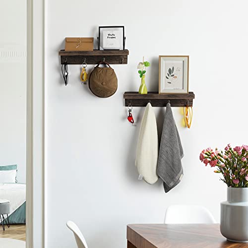 Coat Rack Shelves with Hooks Wall Mounted Coat Hooks with Display Shelf Rustic Hat Towel Key Hanger Floating Shelves for Entryway Bathroom Bedroom Living Room Hanging Shelf for Towel Key Hat Set of 2