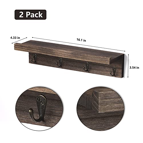 Coat Rack Shelves with Hooks Wall Mounted Coat Hooks with Display Shelf Rustic Hat Towel Key Hanger Floating Shelves for Entryway Bathroom Bedroom Living Room Hanging Shelf for Towel Key Hat Set of 2