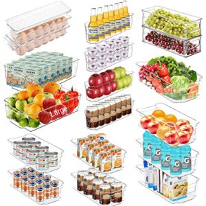 set of 18 fridge organizer (16 organizers and 2 egg containers) stackable pantry organizers for kitchen, pantry, cabinets, drawers and freezers