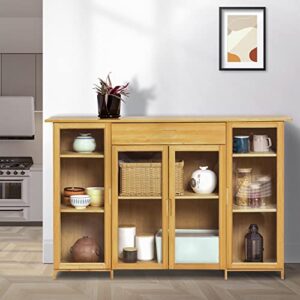 MoNiBloom 4 Tier Bamboo Sideboard Kitchen Cupboard Buffet Server Console Table Storage Cabinet with Acrylic Doors a Drawer for Dining Room Hallway, Natural