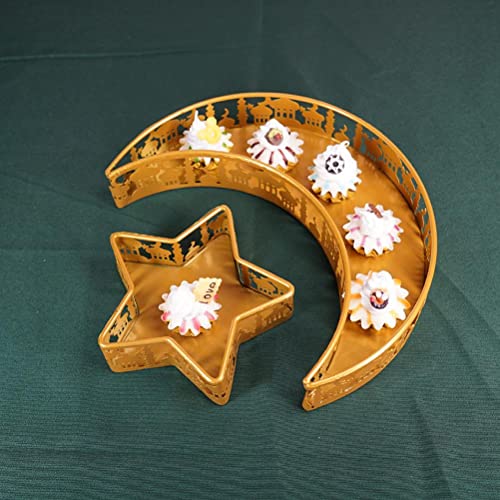 2pcs Ramadan Dessert Tray, Iron Moon Star Shaped Snack Holder, Eid Mubarak Food Plate for Wedding Party Festival Table Ornament