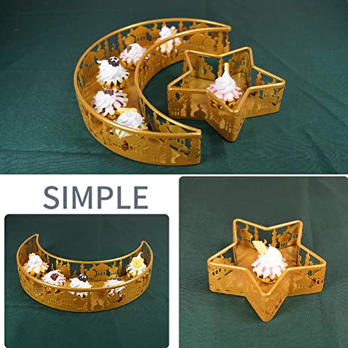 2pcs Ramadan Dessert Tray, Iron Moon Star Shaped Snack Holder, Eid Mubarak Food Plate for Wedding Party Festival Table Ornament