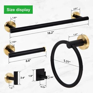 7PCS Bathroom Hardware Set 304 Stainless Steel Bathroom Hardware Set, 16IN Hand Towel Bar Towel Rack Set Wall Mounted, Black Gold Bath Hardware Set 4 Robe Towel Hooks+Toilet Paper Holder+Towel Ring