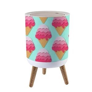 small trash can with lid seamless of ice cream cones 3d paper cut style summer dessert wood legs press cover garbage bin round waste bin wastebasket for kitchen bathroom office 7l/1.8 gallon