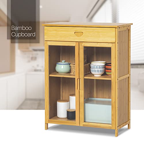 MoNiBloom 4 Tier Bamboo Sideboard Cupboard Kitchen Floor Standing Storage Cabinet with Visible Doors and a Drawer for Toaster Coffee Pot Small Appliances, Natural