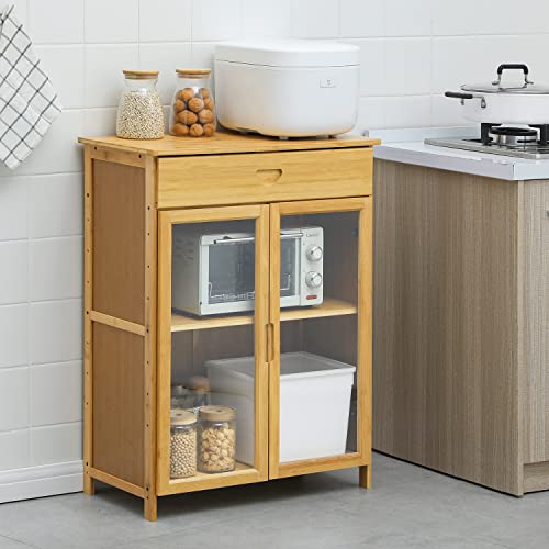 MoNiBloom 4 Tier Bamboo Sideboard Cupboard Kitchen Floor Standing Storage Cabinet with Visible Doors and a Drawer for Toaster Coffee Pot Small Appliances, Natural