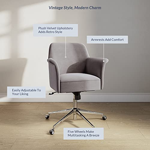 BELLEZE Modern Home Office Chair, 360 Degree Swivel Desk Chair Velvet Office Chair with Metal Base, Rolling Chair Adjustable Chair with Arms and Wheels for Bedroom, Study, Vanity - Peyton (Gray)