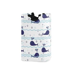 seamless ocean waves water drop circles background with blue whales laundry hamper basket bucket, foldable dirty clothes bag, waterproof fabric washing bin, toy storage with handles for bathroom