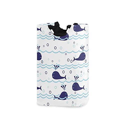 Seamless Ocean Waves Water Drop Circles Background with Blue Whales Laundry Hamper Basket Bucket, Foldable Dirty Clothes Bag, Waterproof Fabric Washing Bin, Toy Storage with Handles for Bathroom