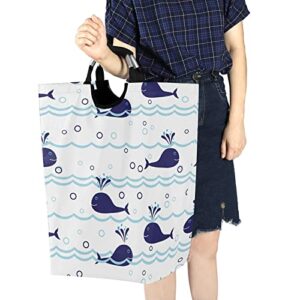 Seamless Ocean Waves Water Drop Circles Background with Blue Whales Laundry Hamper Basket Bucket, Foldable Dirty Clothes Bag, Waterproof Fabric Washing Bin, Toy Storage with Handles for Bathroom