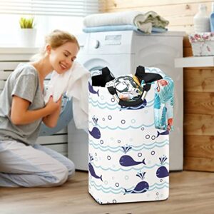 Seamless Ocean Waves Water Drop Circles Background with Blue Whales Laundry Hamper Basket Bucket, Foldable Dirty Clothes Bag, Waterproof Fabric Washing Bin, Toy Storage with Handles for Bathroom