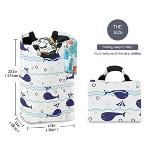 Seamless Ocean Waves Water Drop Circles Background with Blue Whales Laundry Hamper Basket Bucket, Foldable Dirty Clothes Bag, Waterproof Fabric Washing Bin, Toy Storage with Handles for Bathroom