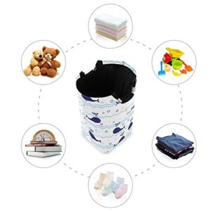 Seamless Ocean Waves Water Drop Circles Background with Blue Whales Laundry Hamper Basket Bucket, Foldable Dirty Clothes Bag, Waterproof Fabric Washing Bin, Toy Storage with Handles for Bathroom