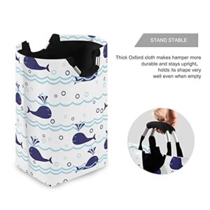 Seamless Ocean Waves Water Drop Circles Background with Blue Whales Laundry Hamper Basket Bucket, Foldable Dirty Clothes Bag, Waterproof Fabric Washing Bin, Toy Storage with Handles for Bathroom