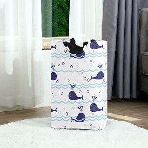 Seamless Ocean Waves Water Drop Circles Background with Blue Whales Laundry Hamper Basket Bucket, Foldable Dirty Clothes Bag, Waterproof Fabric Washing Bin, Toy Storage with Handles for Bathroom