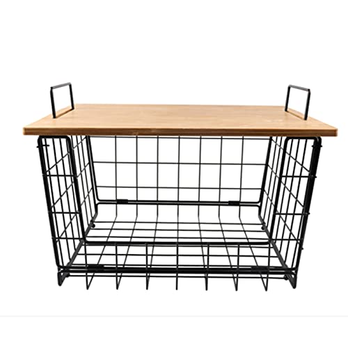 Stackable Wire Storage Baskets, TOBEFORT Fruit Basket for Kitchen Large Metal Bin for Cabinet Pantry Organization and Storage, Nesting Rectangular Basket with Wood Lid, Black