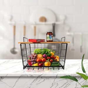 Stackable Wire Storage Baskets, TOBEFORT Fruit Basket for Kitchen Large Metal Bin for Cabinet Pantry Organization and Storage, Nesting Rectangular Basket with Wood Lid, Black