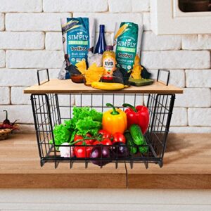 Stackable Wire Storage Baskets, TOBEFORT Fruit Basket for Kitchen Large Metal Bin for Cabinet Pantry Organization and Storage, Nesting Rectangular Basket with Wood Lid, Black