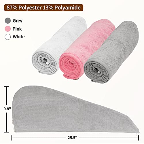 NEXCOVER Microfiber Hair Towel, 3 Pack (White+Grey+Pink) 9.8 inch X 25.5 inch Hair Turbans,Ultra Absorbent,Fast Drying Hair Towel Wraps,Head Towels for Women Wet Hair,Long,Curly,Thick,Frizzy Hair