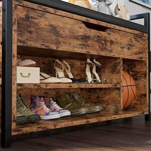 IRONCK Shoe Storage Bench, Entryway Bench with Lift Top Storage Box, Metal and Board Bench for Entryway, 2-Tier Shoe Rack Organizer for Entryway, Bedroom, Hallway, Industrial, Vintage Brown