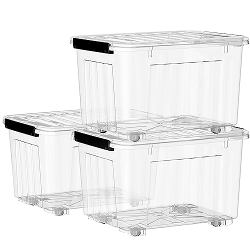 Cetomo 85Qt*3 Plastic Storage Bins, Storage Box, 3 Pack, Organizing Container with Wheels, Durable Lids and Secure Latching Buckles, Stackable and Nestable, Clear with Black Buckle