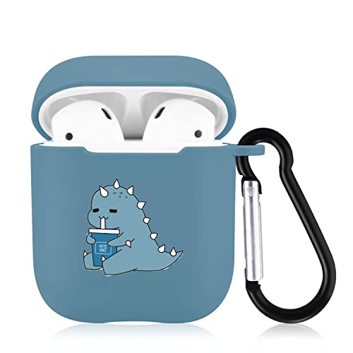 Qiusuo Drink Dinosaur Case for Airpods 2 & 1 with Keychain, Cute Dino Design Soft Silicone Shockproof Protective Cover, Airpods Wireless Charging Case 2&1 for Kids Teens Girls Women Boys, Light Blue