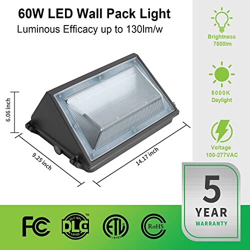 CRRYDINFFE LED Wall Pack Light 60W with Dusk-to-Dawn Photocell, 7800LM (130LM/W) 5000K Daylight, 300W HPS/MH Equivalent, DLC/ETL Listed, IP65 Waterproof Commercial Outdoor Wall Pack Lighting