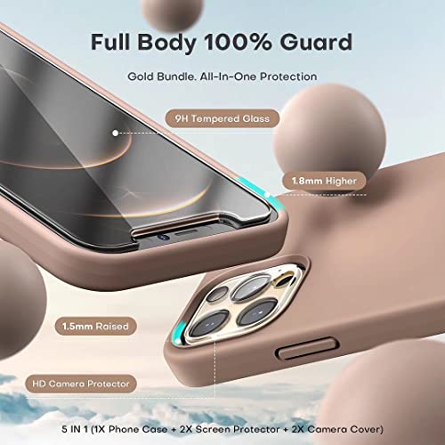 TOCOL 5 in 1 for iPhone 12 Pro Max Case, with 2 Pack Screen Protector + 2 Pack Camera Lens Protector, Liquid Silicone Slim Shockproof Phone Cover [Anti-Scratch] [Drop Protection], Brown