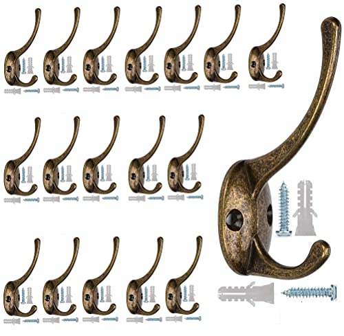 ZHHGTTUY Dual Wall Hooks Coat Hooks Heavy Duty Made of Strong Metal Cloth Hook (18Pcs,Antique Brass)