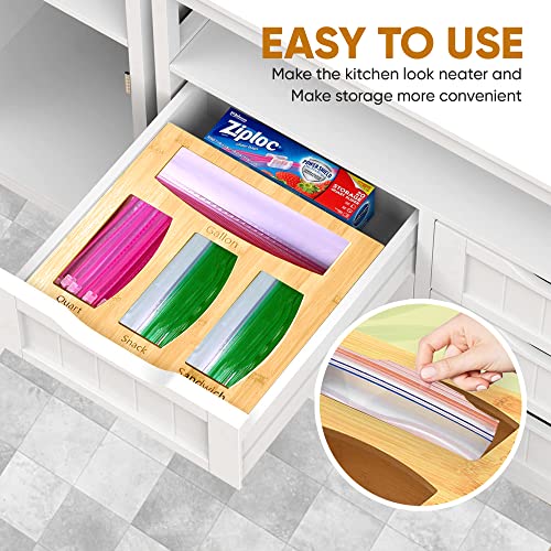 Bamboo Ziplock Bag Storage Organizer for Drawer and Kitchen Wall Mount, Food Storage Bag Holders, Gallon Quart Snack Sandwich and Slider Bag Dispenser