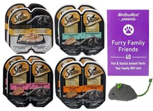 sheba perfect portions premium cuts in gravy cat food 4 flavor 8 can sampler, (2) each: bistro chicken alfredo, tuna, salmon, chicken (2.6 ounces) - plus catnip toy and fun facts booklet bundle