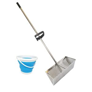 sand fleas rake, stainless steel sand sifter, detachable 47 inches long handle, collapsible shark tooth sifter for beach,sand crab catcher with foldable pail .