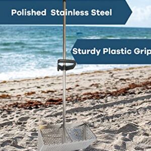 Sand Fleas Rake, Stainless Steel Sand Sifter, Detachable 47 Inches Long Handle, Collapsible Shark Tooth Sifter for Beach,Sand Crab Catcher with Foldable Pail .