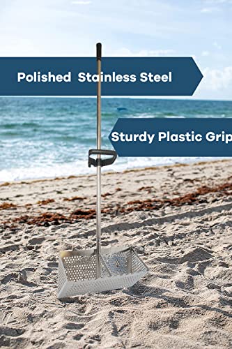 Sand Fleas Rake, Stainless Steel Sand Sifter, Detachable 47 Inches Long Handle, Collapsible Shark Tooth Sifter for Beach,Sand Crab Catcher with Foldable Pail .