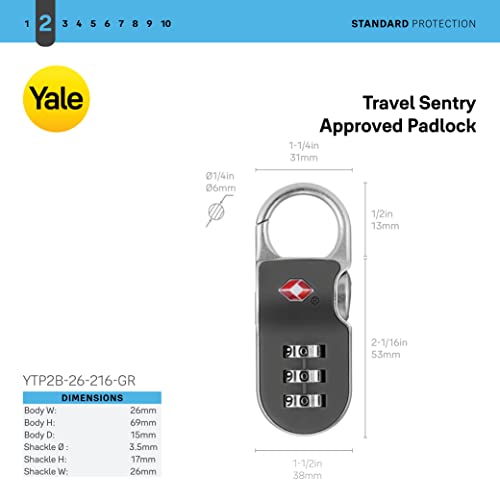 Yale TSA Approved Combination Travel Luggage Lock with Clip for Backpack, Suitcase, and Accessories (Gray)