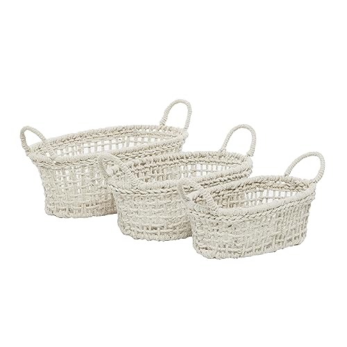 Deco 79 Cotton Round Storage Basket with Handles, Set of 3 9", 8", 7"H, White