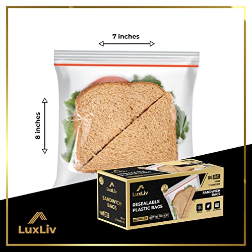 100 x LuxLiv ® Plastic Sandwich Bags & Pen – Premium Zip Food Bags – Lunch Bags Ziplock Bags Closure – 100 Snack Bags – 7 x 8-inch Freezer Bags – Non-BPA Plastic – Reusable Bags