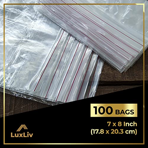 100 x LuxLiv ® Plastic Sandwich Bags & Pen – Premium Zip Food Bags – Lunch Bags Ziplock Bags Closure – 100 Snack Bags – 7 x 8-inch Freezer Bags – Non-BPA Plastic – Reusable Bags