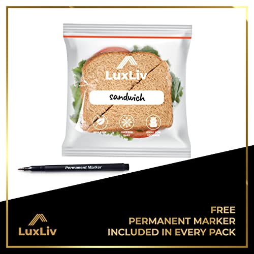 100 x LuxLiv ® Plastic Sandwich Bags & Pen – Premium Zip Food Bags – Lunch Bags Ziplock Bags Closure – 100 Snack Bags – 7 x 8-inch Freezer Bags – Non-BPA Plastic – Reusable Bags